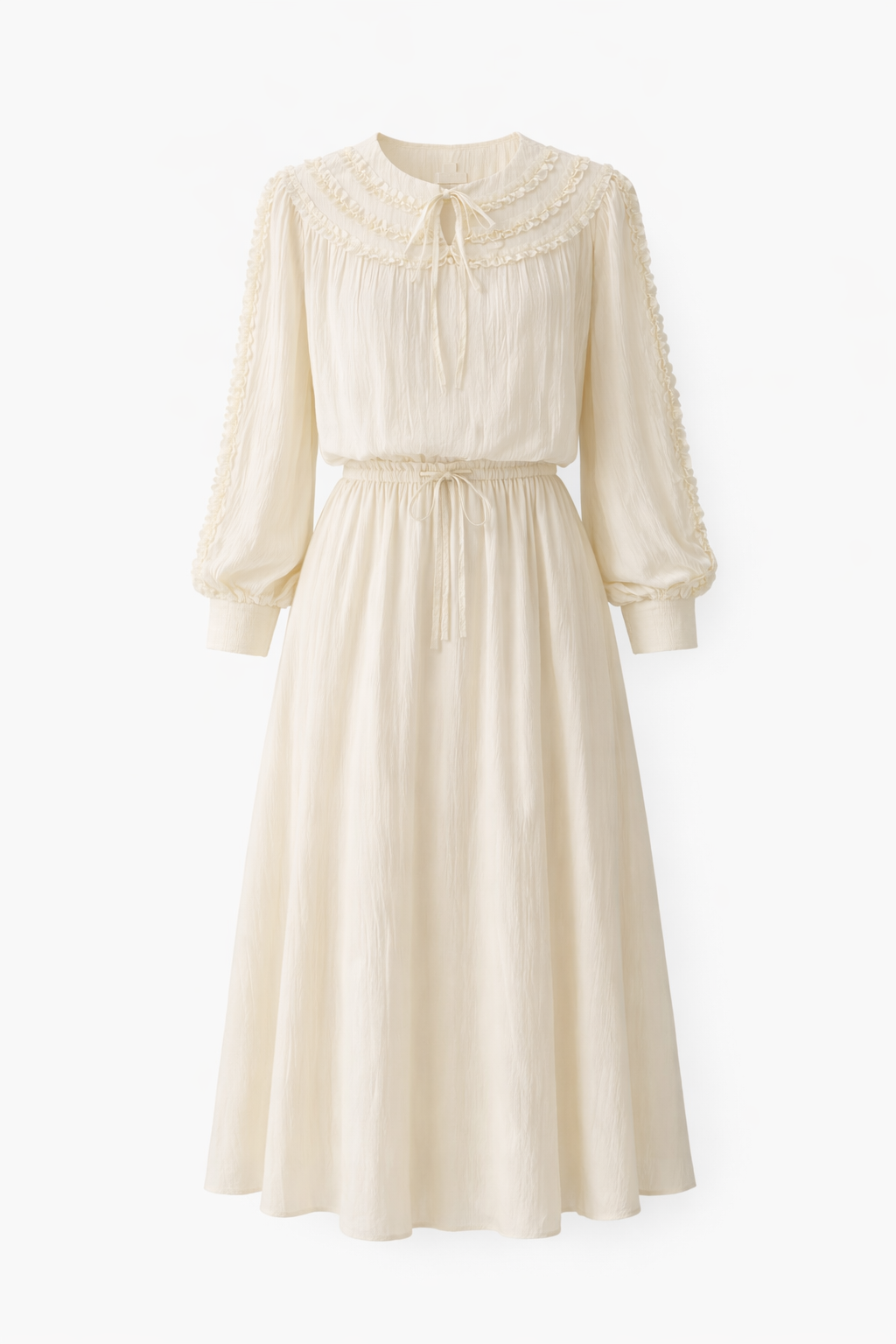 Cream Ruffle Trim Co-ord Set with Tie Neck, Puff Sleeves & Drawstring Waist