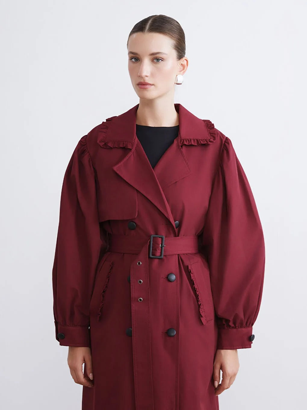Burgundy Double-Breasted Women's Trench Coat