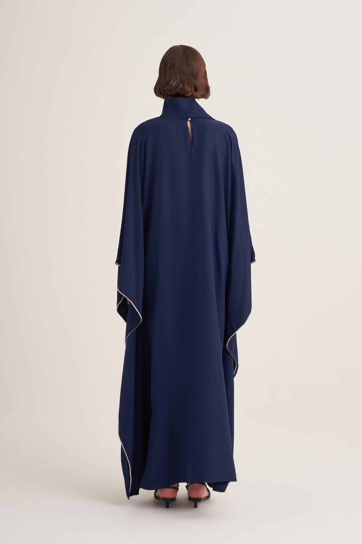 Navy Blue Cape Sleeve Kaftan with Crystal Trim & Adjustable Belt