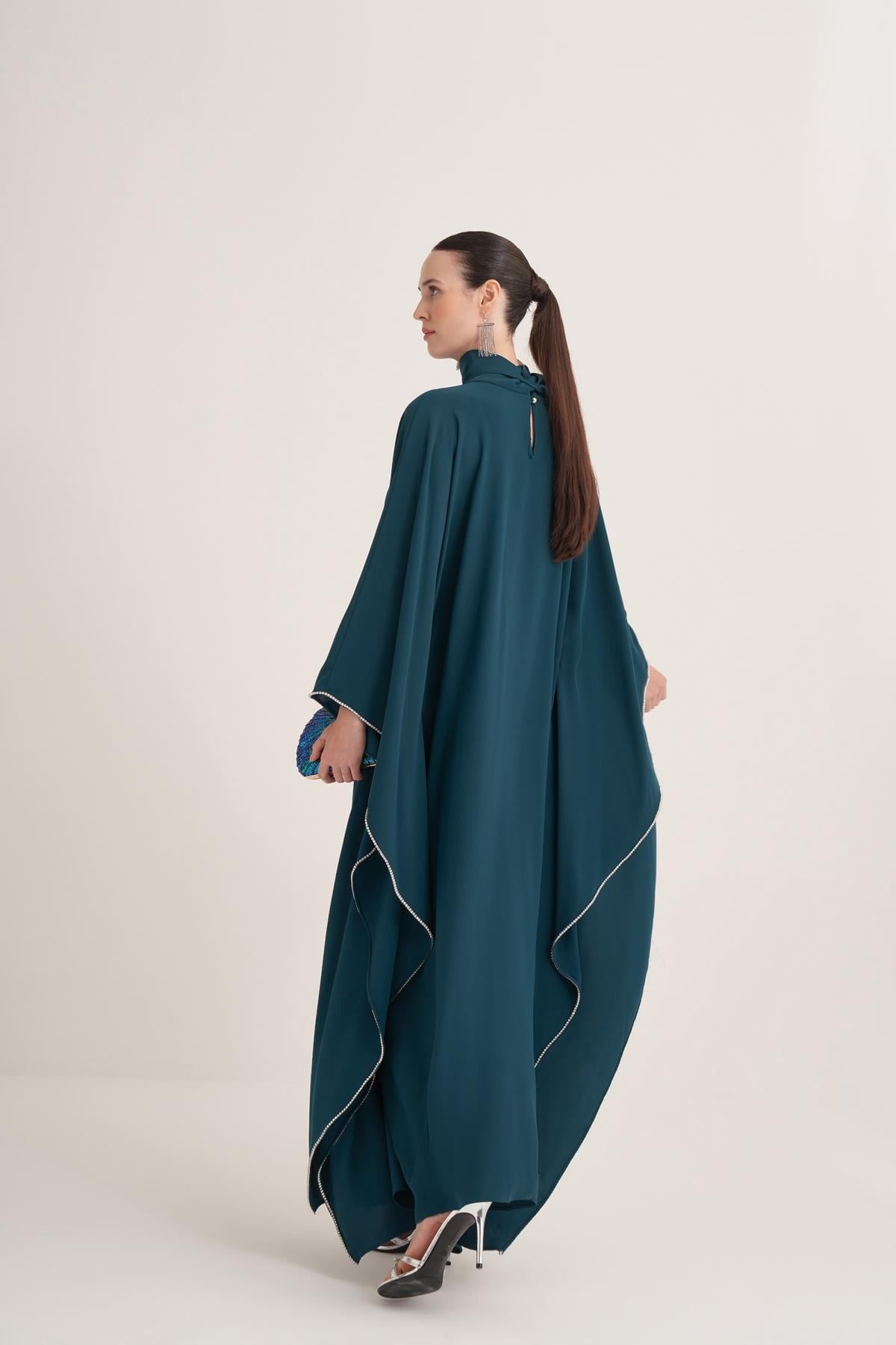 Patrol Blue Cape Sleeve Kaftan with Crystal Trim & Adjustable Belt