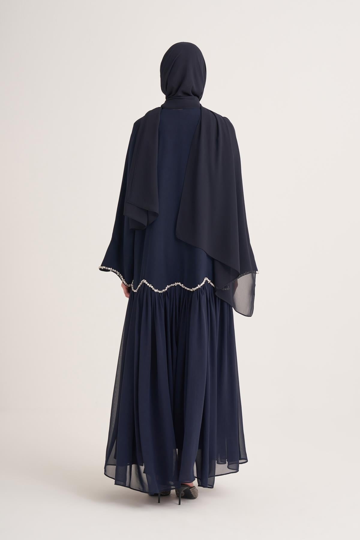 Lina Crystal Embellished Abaya with Matching Scarf - Navy Blue