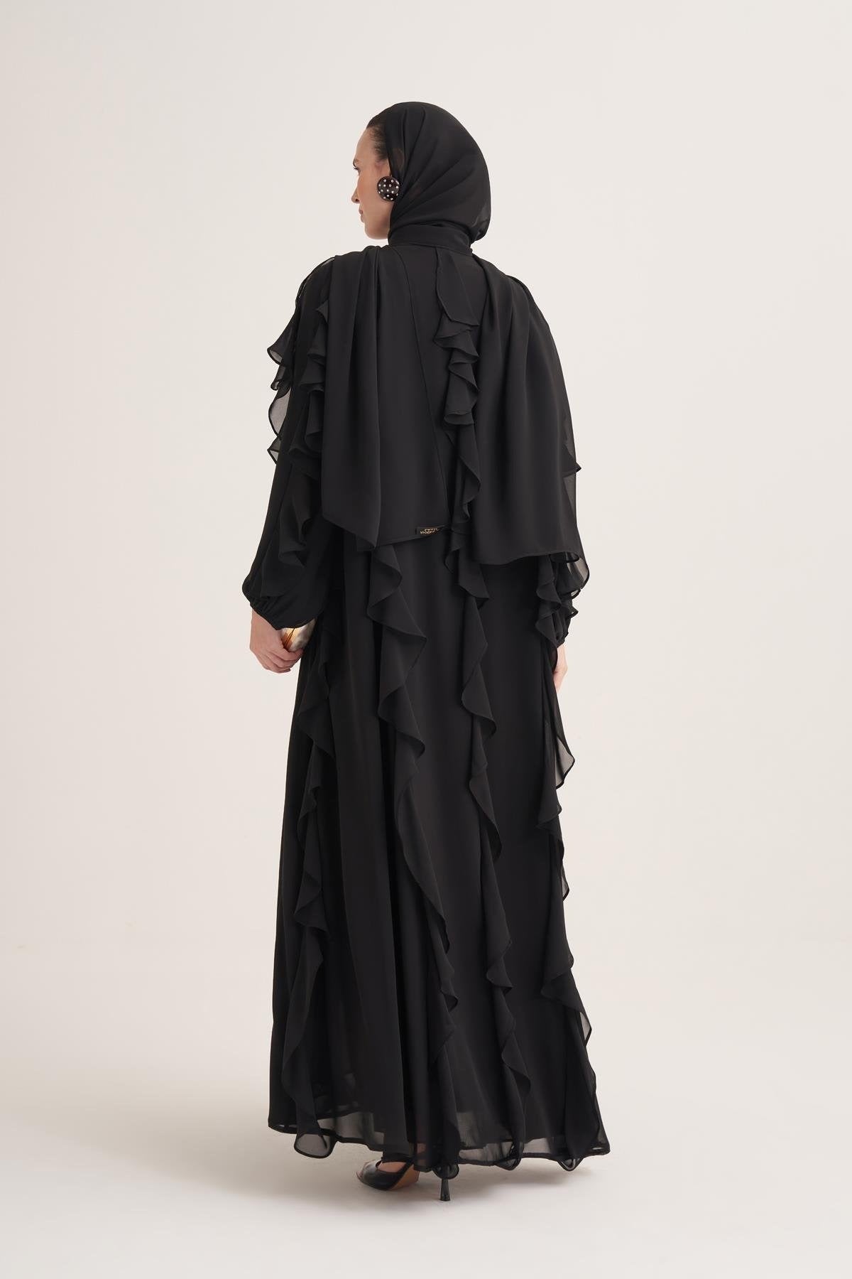 Chiffon Ruffle Open Abaya with Matching Scarf in Black