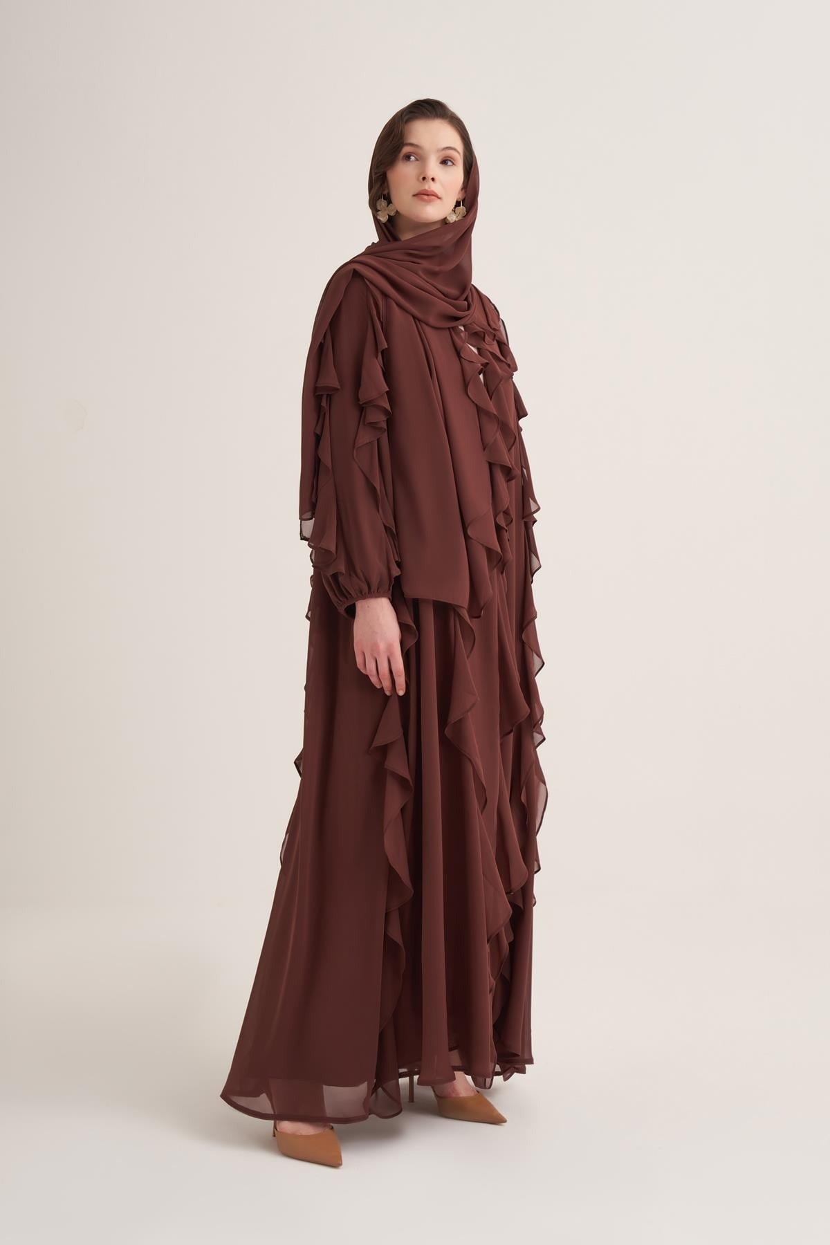 Chiffon Ruffle Open Abaya with Matching Scarf in Brown