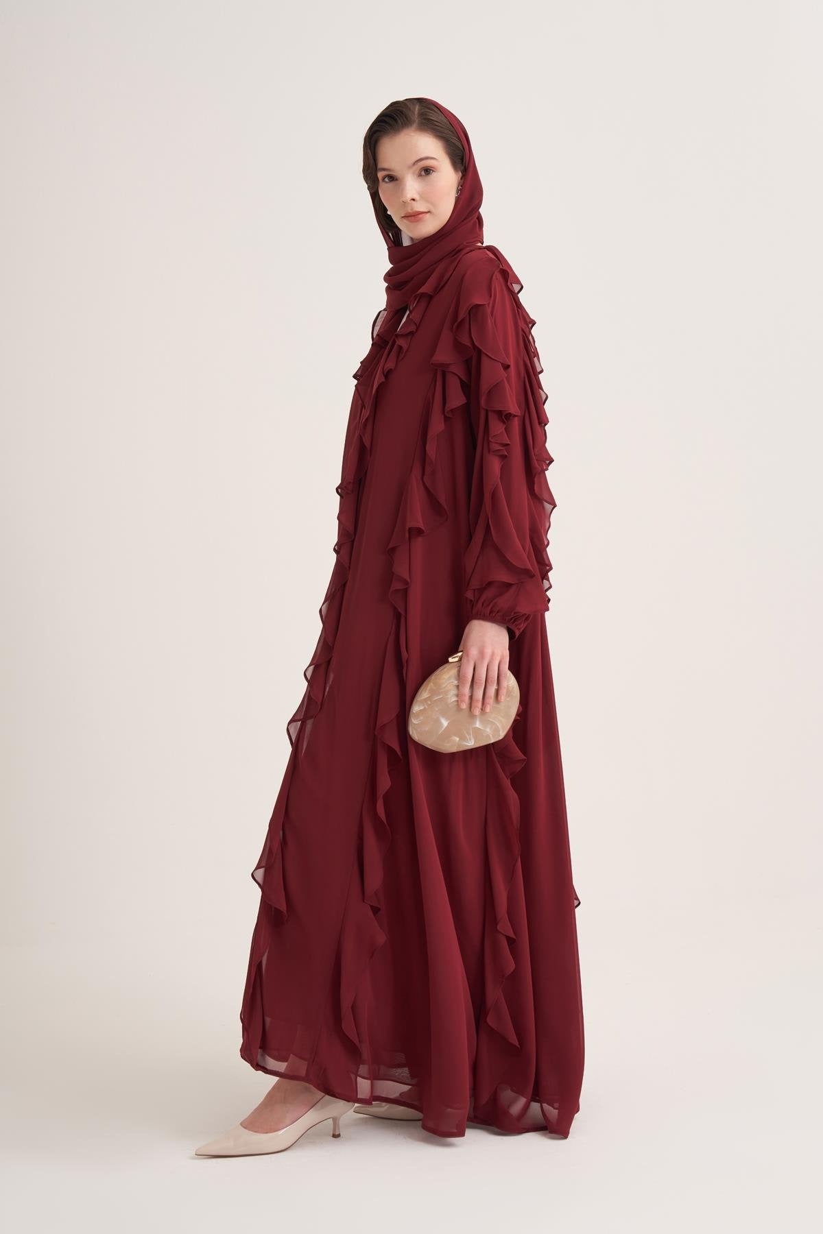 Chiffon Ruffle Open Abaya with Matching Scarf in Burgundy