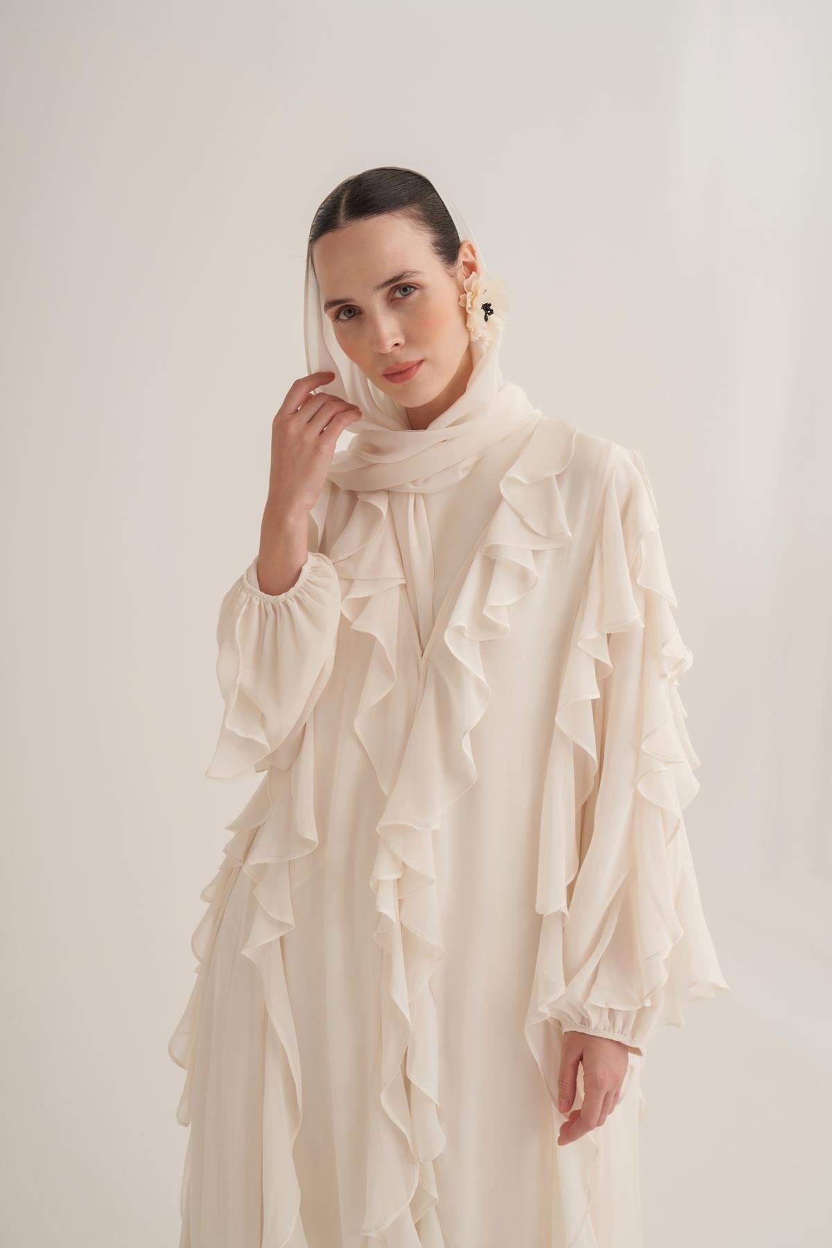 Chiffon Ruffle Open Abaya with Matching Scarf in Cream