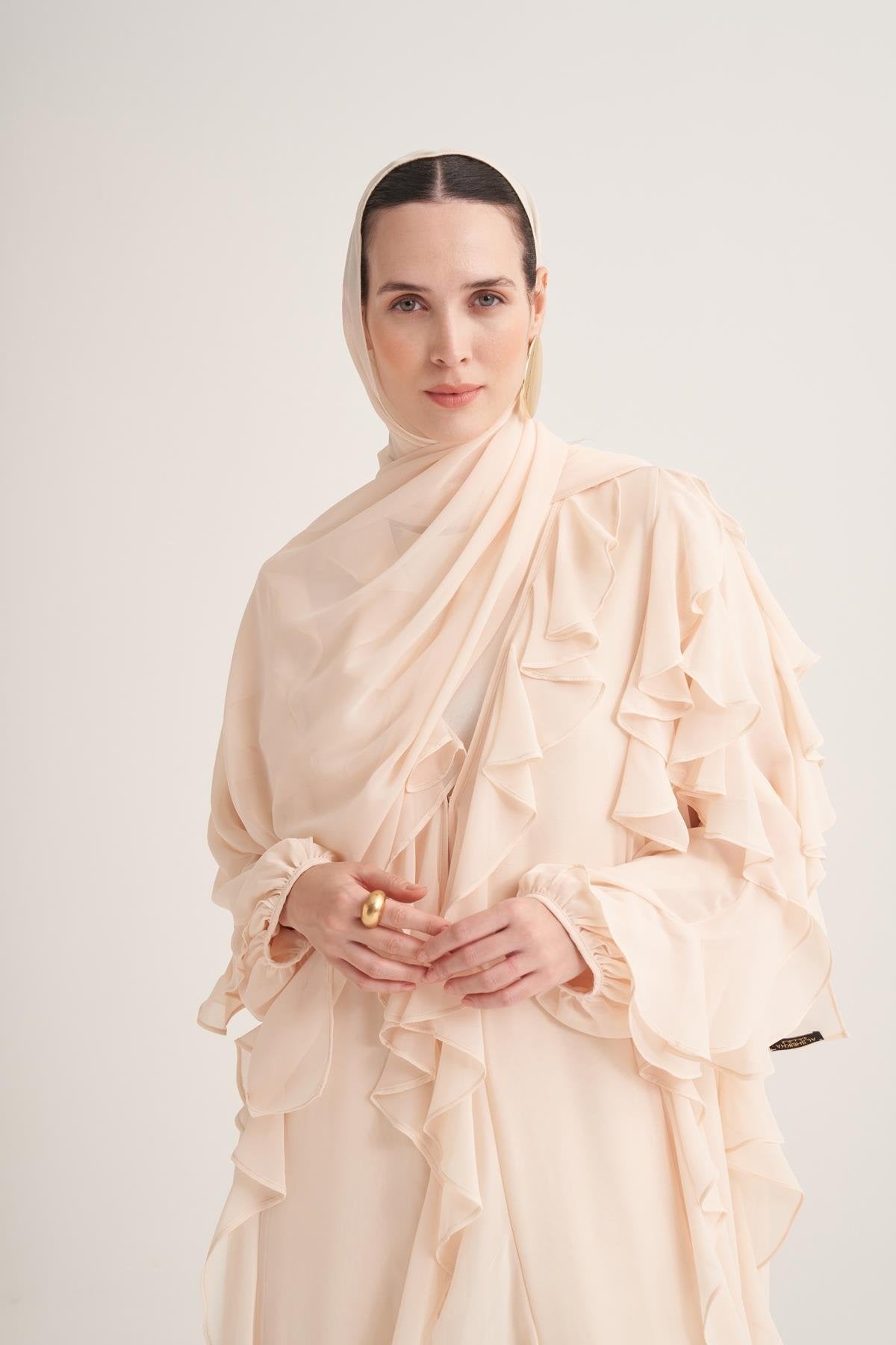 Chiffon Ruffle Open Abaya with Matching Scarf in Light Yellow
