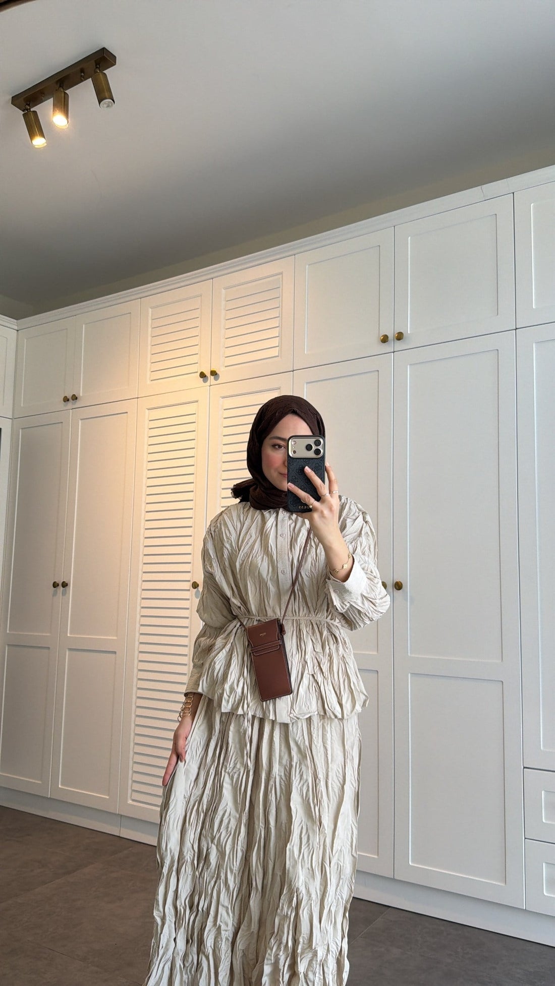 Beige Textured Crinkle-Effect Shirt & Maxi Skirt Co-ord Set