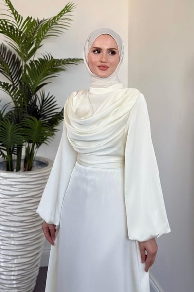 Silky Satin Cowl Neck Ecru Maxi Evening Dress