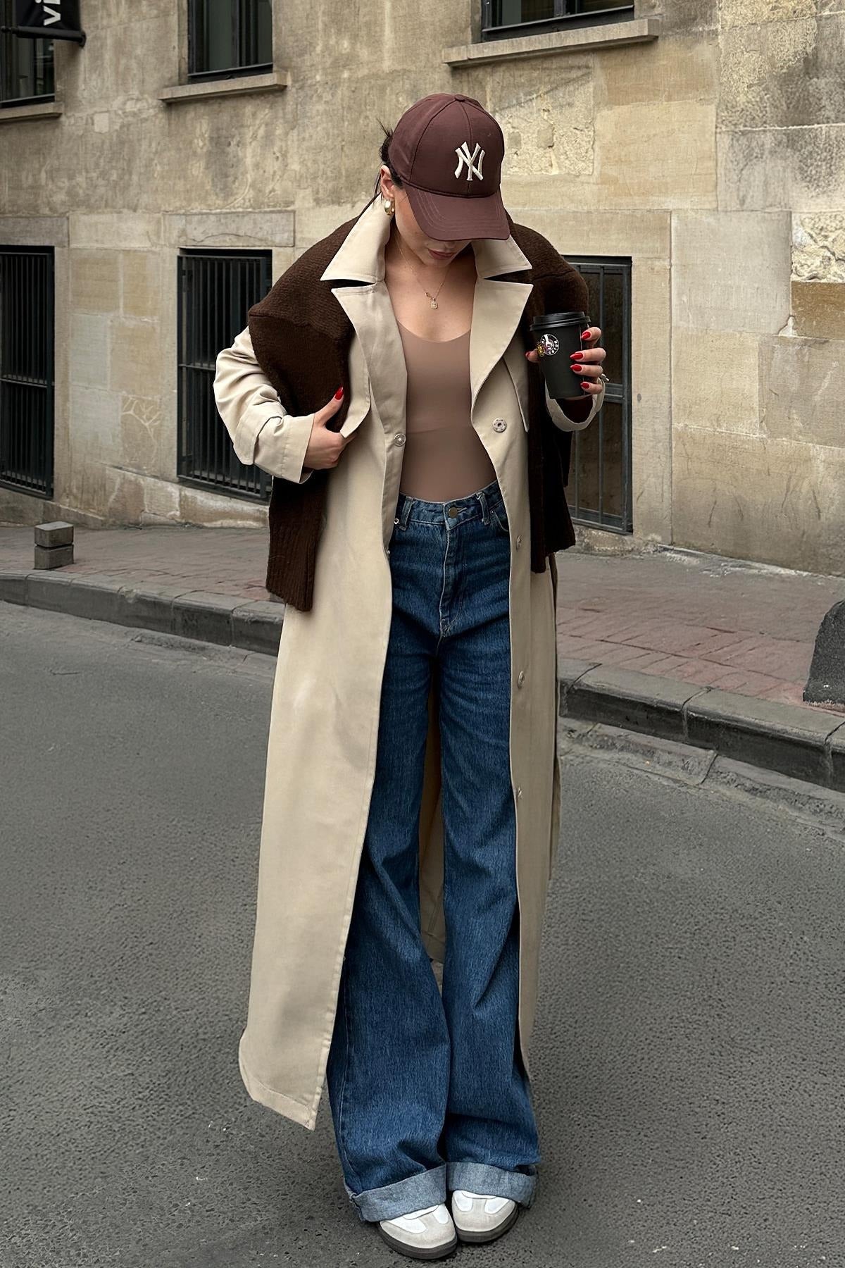 Beige Oversize Long Trench Coat with Cape and Epaulette Details – Unlined