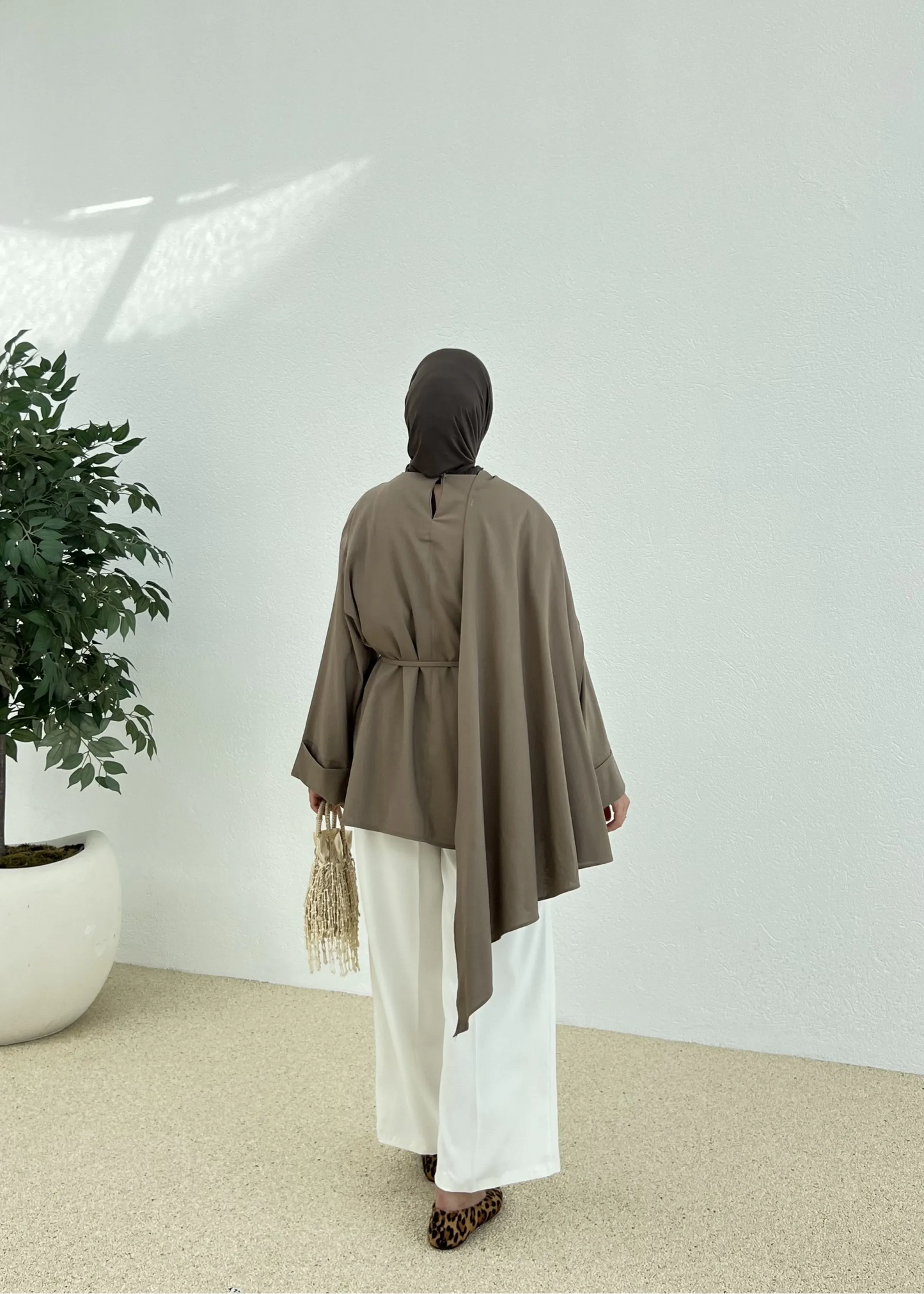 Chic Brown Tunic with Shawl Neckline