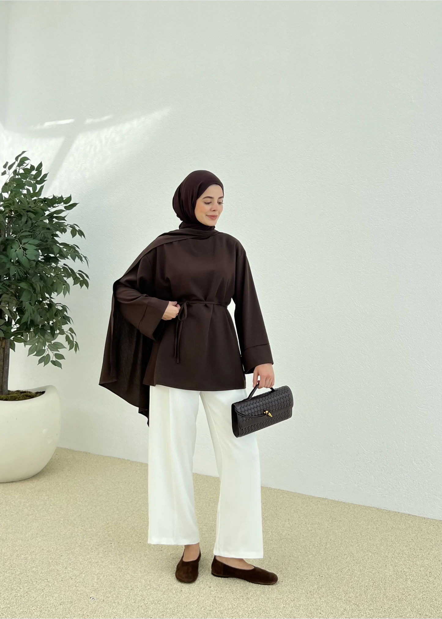 Chic Brown Tunic with Shawl Neckline