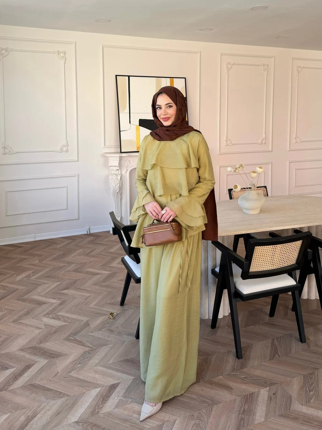 Tiered Tulle Trouser Set in Oil Green