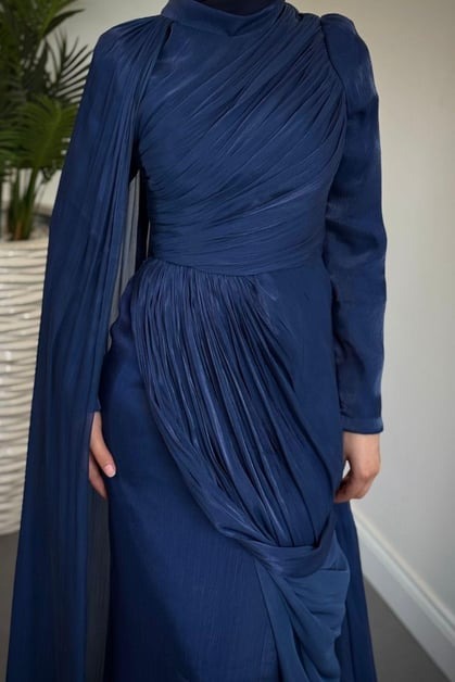 Navy Blue One Shoulder Draped Evening Dress with Cape Detail