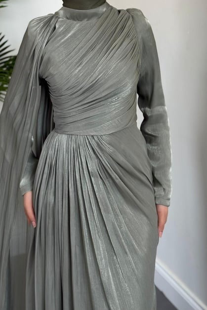 Sage Green One Shoulder Draped Evening Dress with Cape Detail