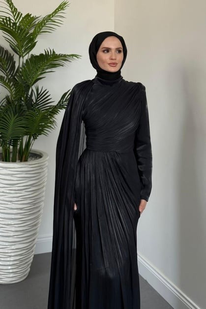 Black One Shoulder Draped Evening Dress with Cape Detail