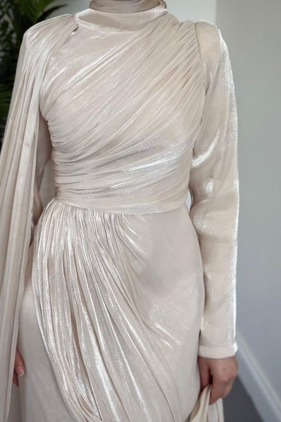 Cream One Shoulder Draped Evening Dress with Cape Detail