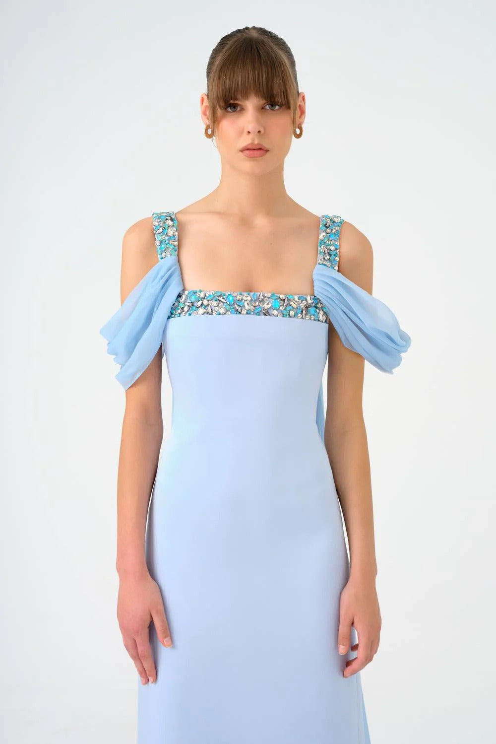 Chiffon Cape Stone Embroidered Long Evening Dress with Straps