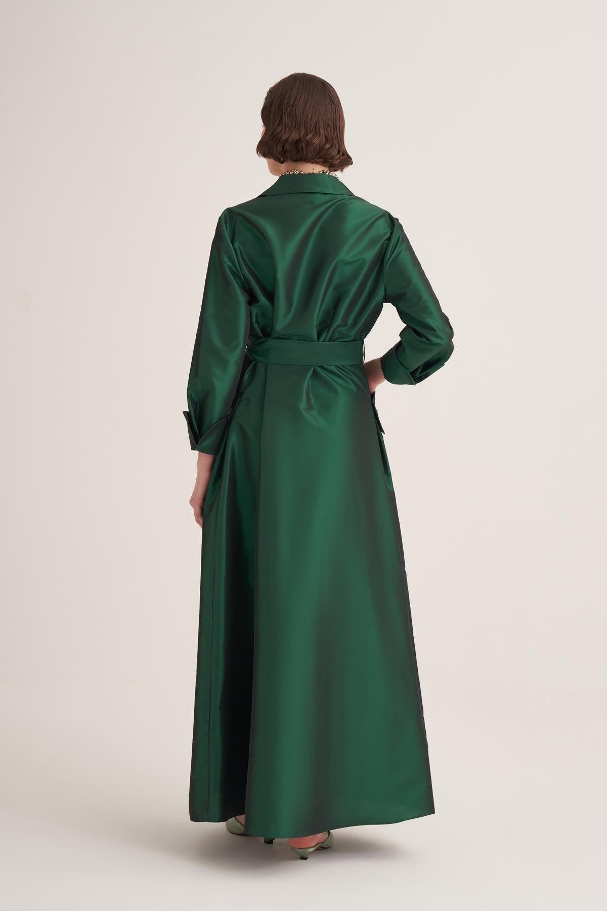 Emerald Satin Wrap Abaya with Handmade Embellished Crystal Pocket Detail