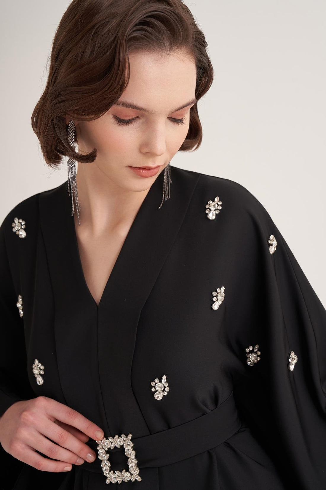 Black Kaftan with Crystal Hand Embellishments & Jewelled Belt Buckle