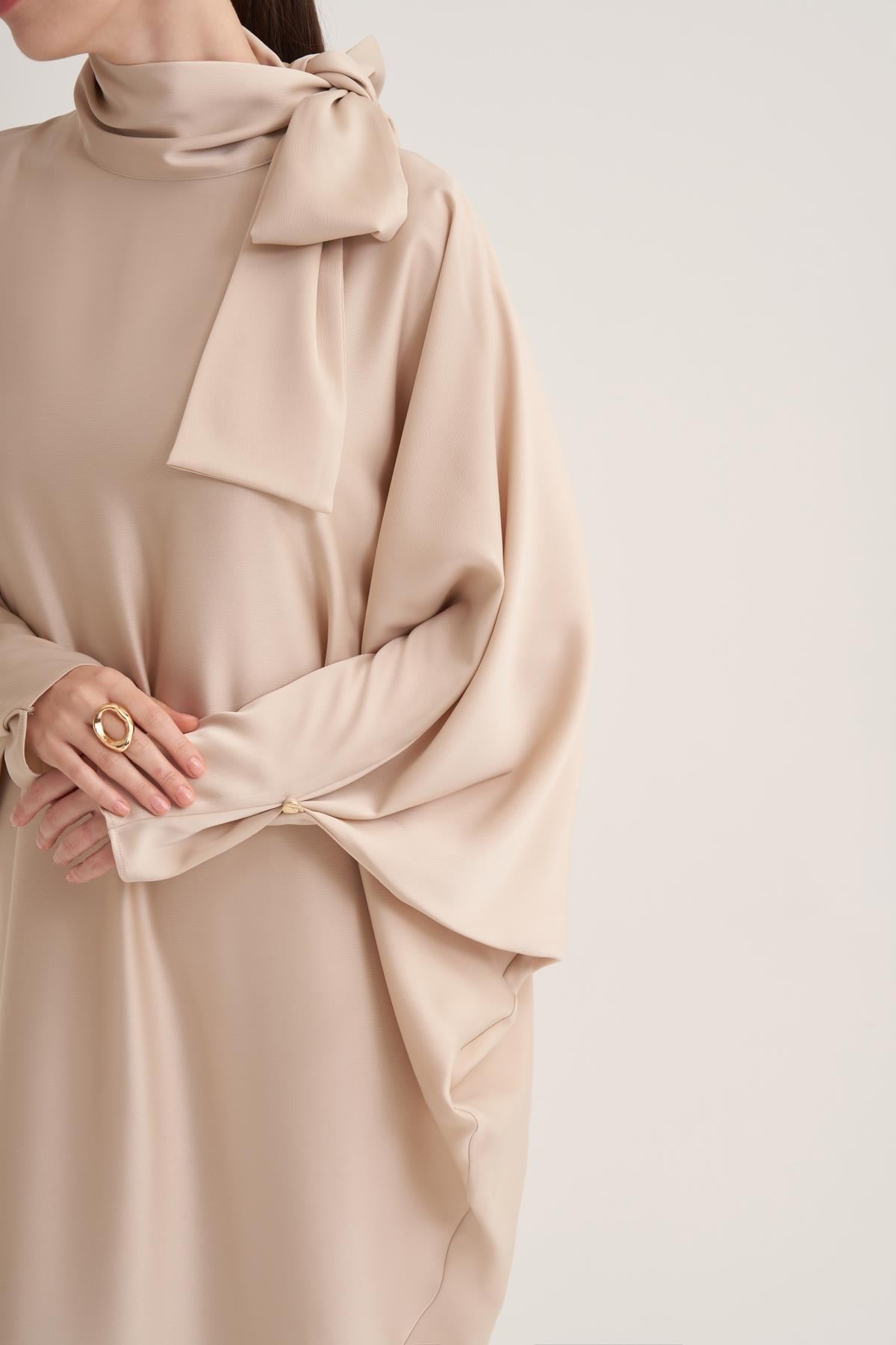 Beige Satin Batwing Sleeve Maxi Dress with Bow Neck Detail