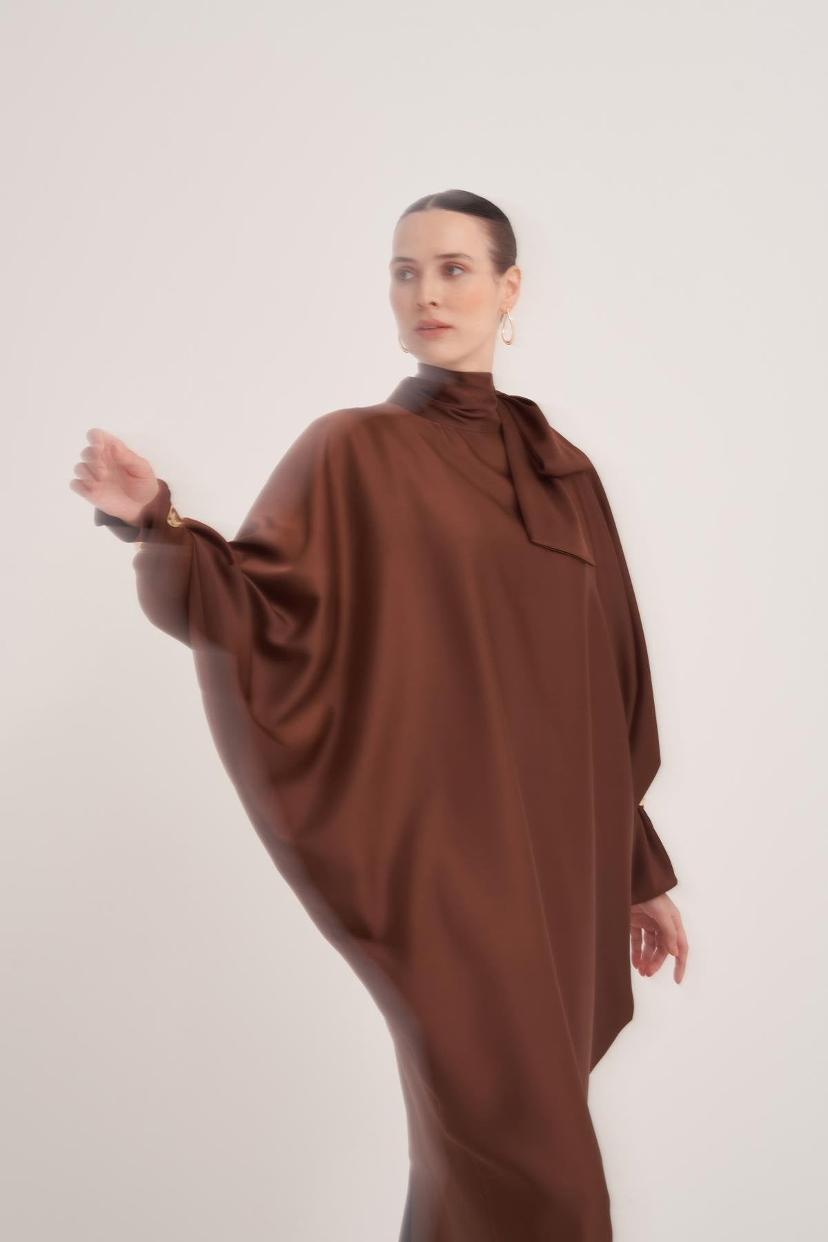 Brown Satin Batwing Sleeve Maxi Dress with Bow Neck Detail