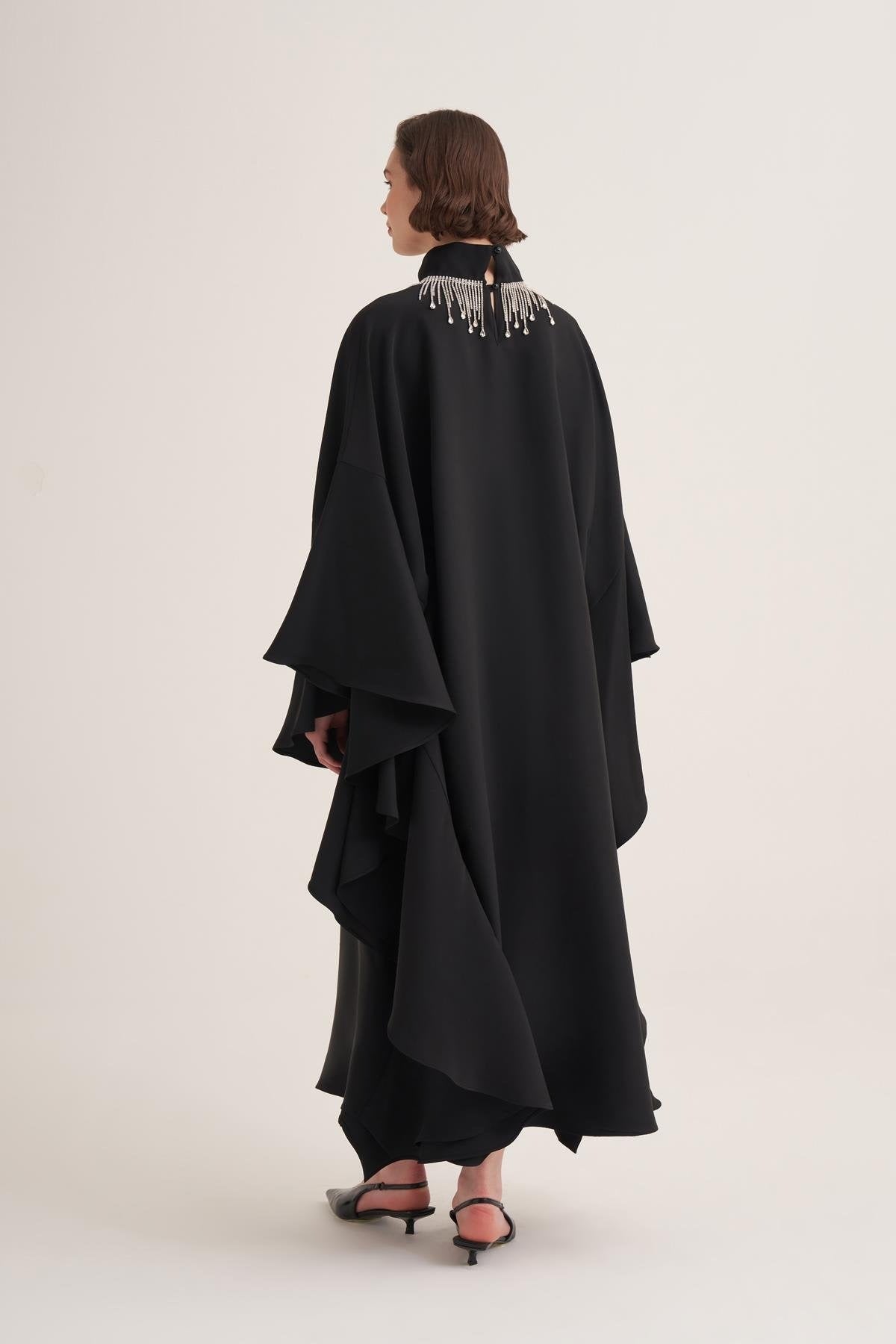 Black Kaftan Dress with Draped Cape Sleeves & Crystal Fringe Neckline