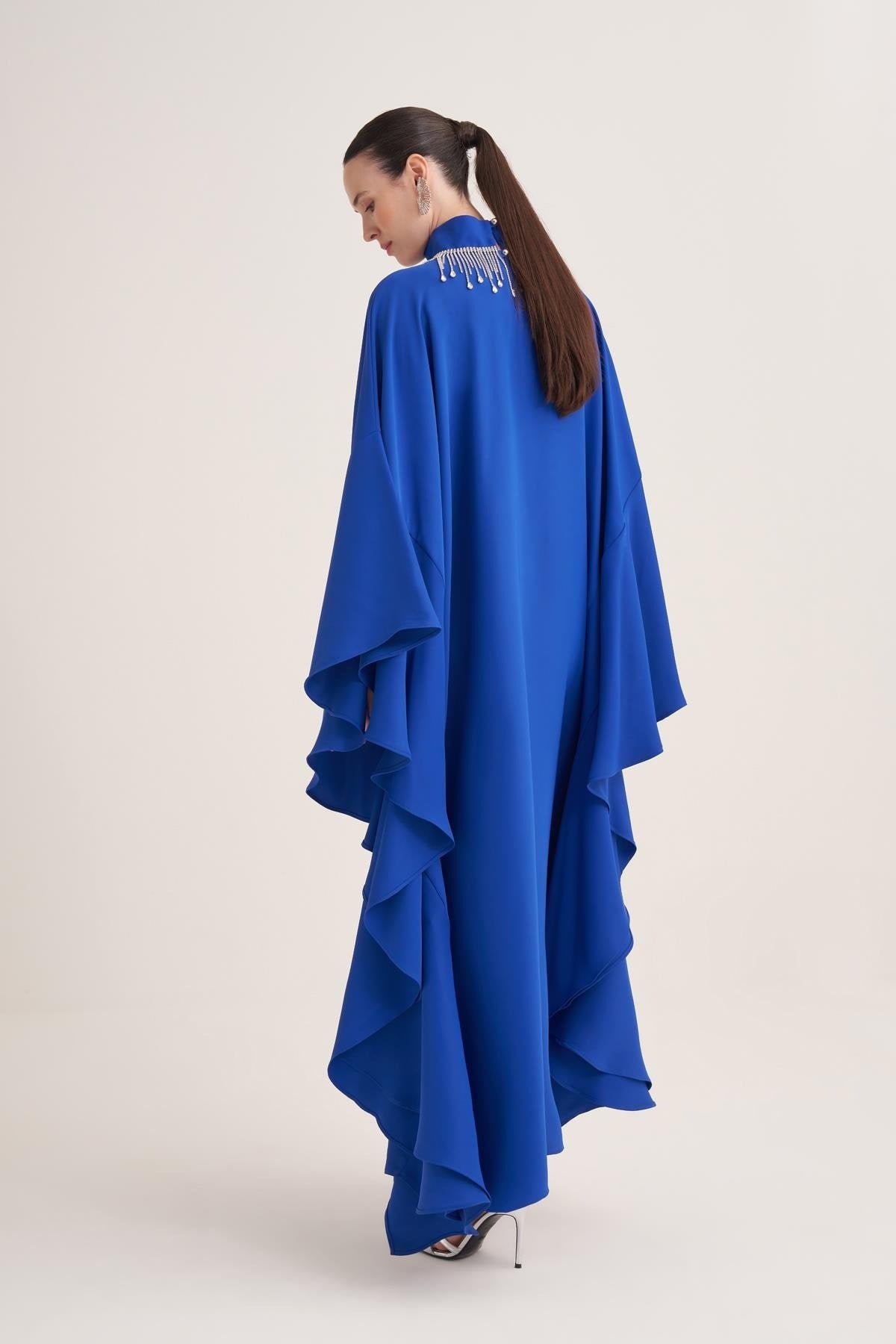 Royal Blue Kaftan Dress with Draped Cape Sleeves & Crystal Fringe Neckline