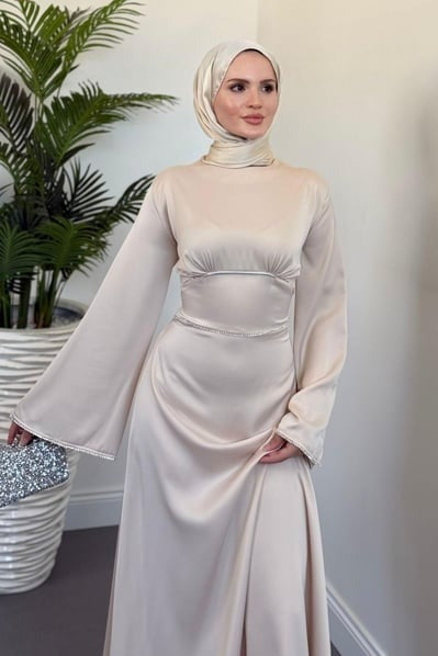 Elegant Cream Satin Modest Evening Dress with Baguette Stone Waist Detail