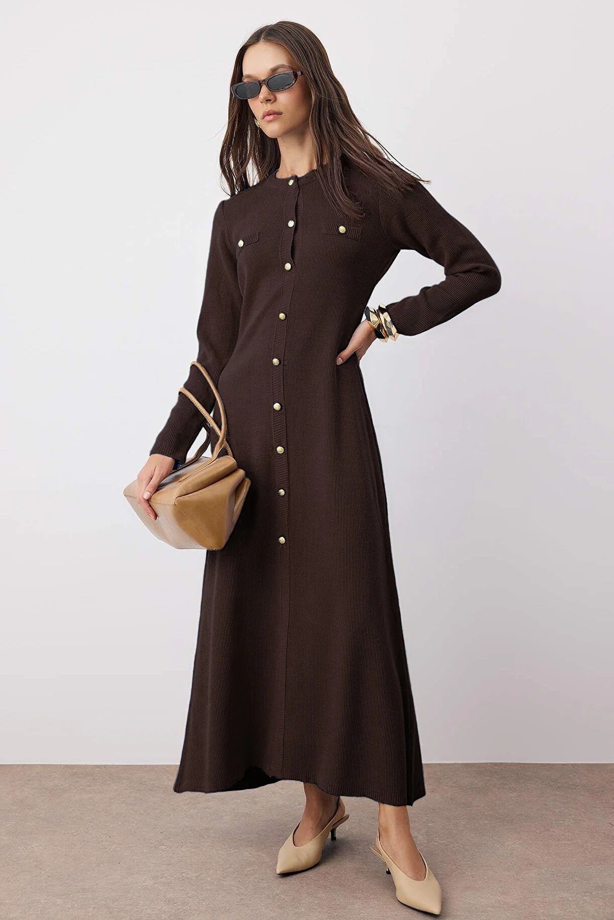 Brown Gold Buttoned Ribbed Knit Dress