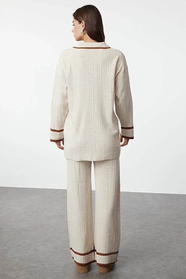 Stone Brown Piped Knit Sweater & Pants Set