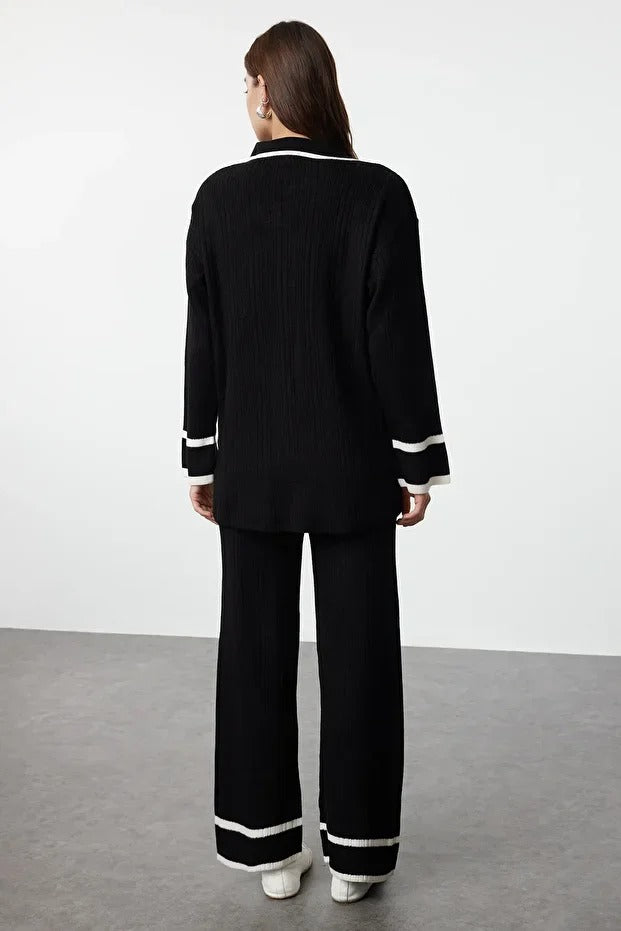 Black Piped Knit Sweater & Pants Set