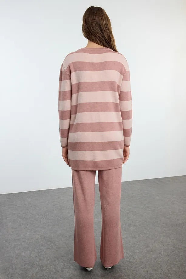 Rose Dust Striped Knit Cardigan & Pants Two-Piece Set
