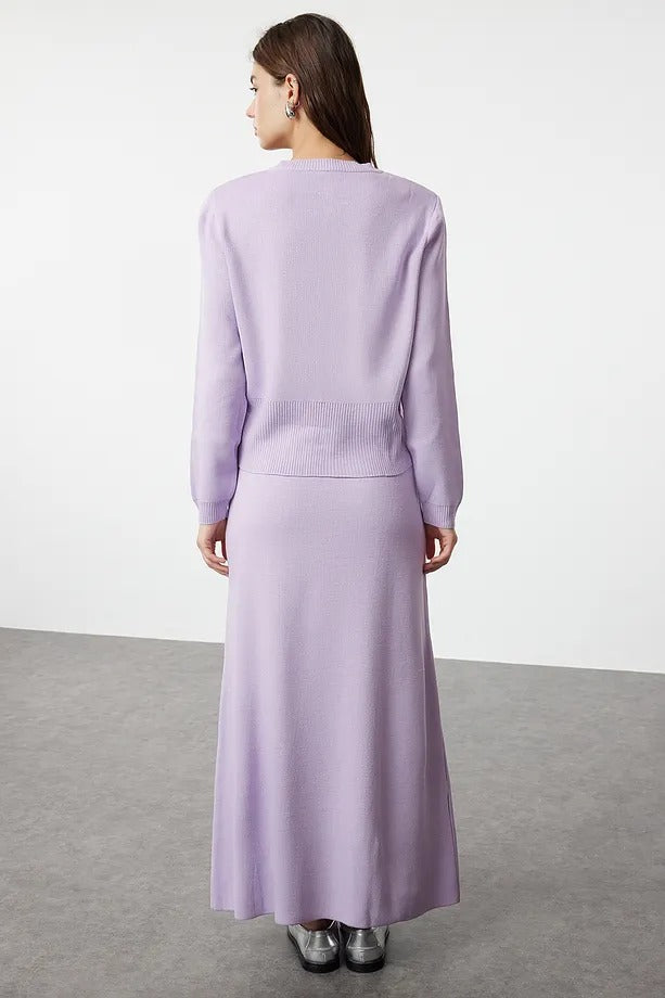 Lilac Button-Front Knit Cardigan & Skirt Set