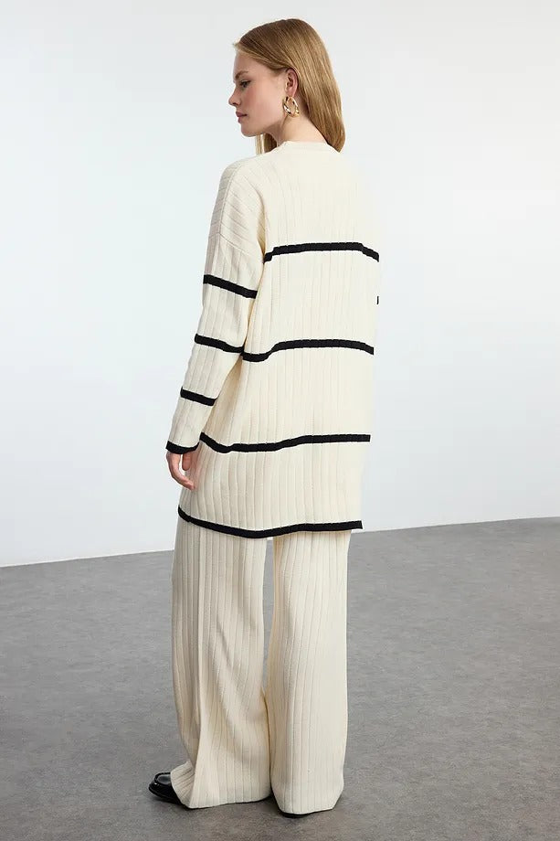 Cream Striped Ribbed Knit Two-Piece Set