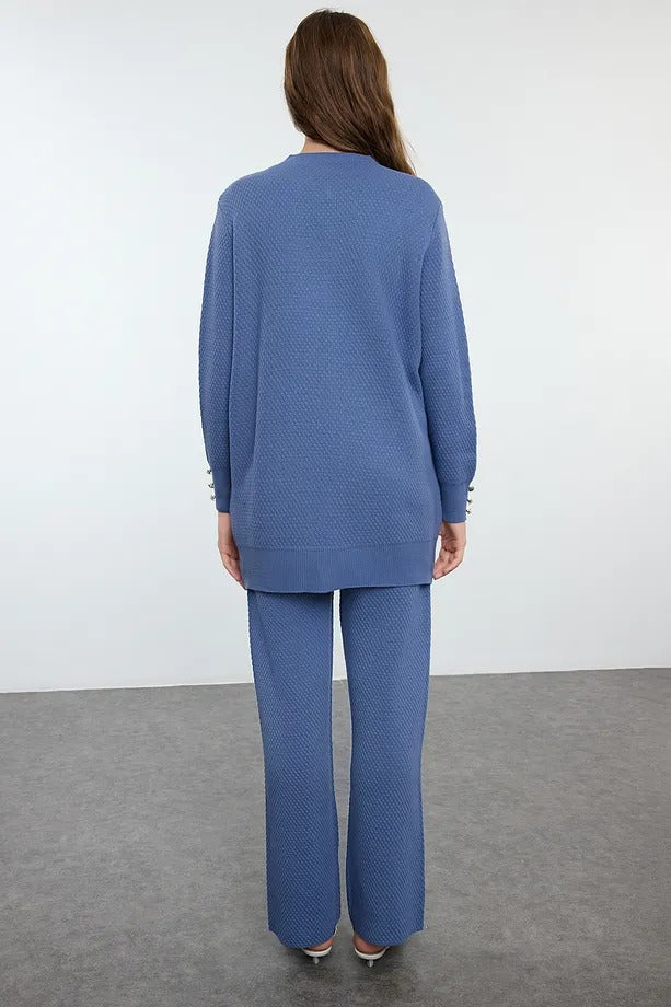 Indigo Pearl-Button Knit Two-Piece Set