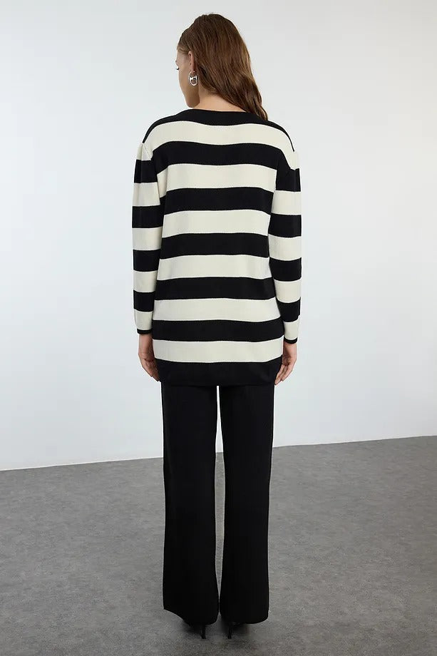 Black Striped Knit Cardigan & Pants Two-Piece Set