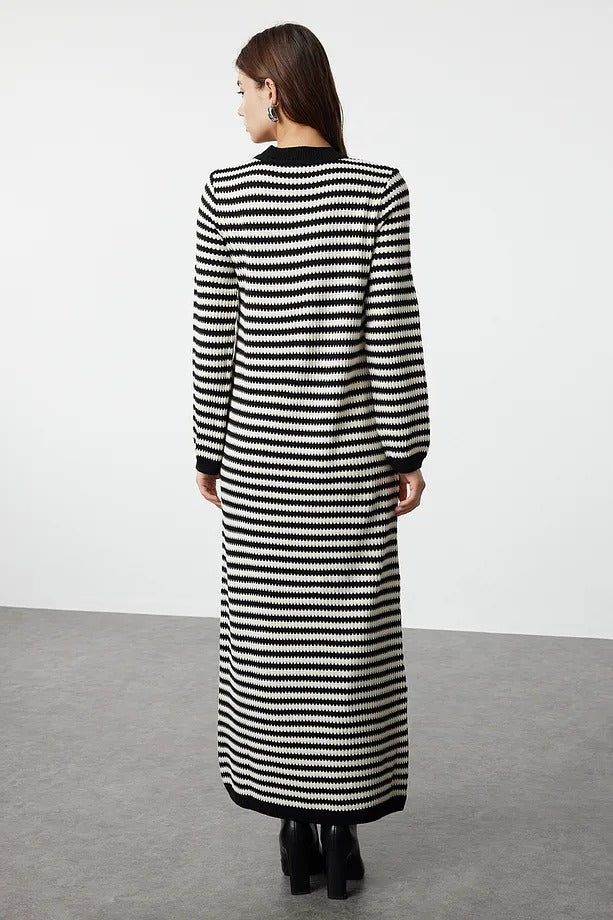 Black & White Striped Long Knit Dress