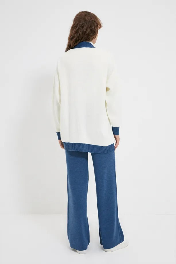 Blue Stripe Detail Knit Cardigan & Pants Set