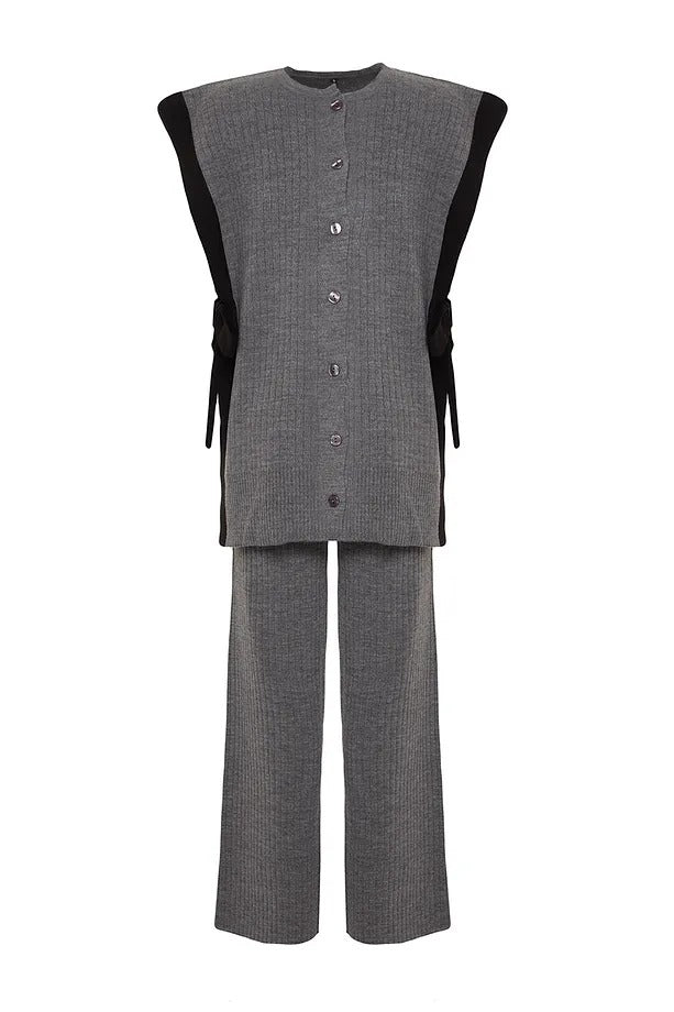 Anthracite Color-Block Slit-Detail Knit Vest & Pants Two-Piece Set