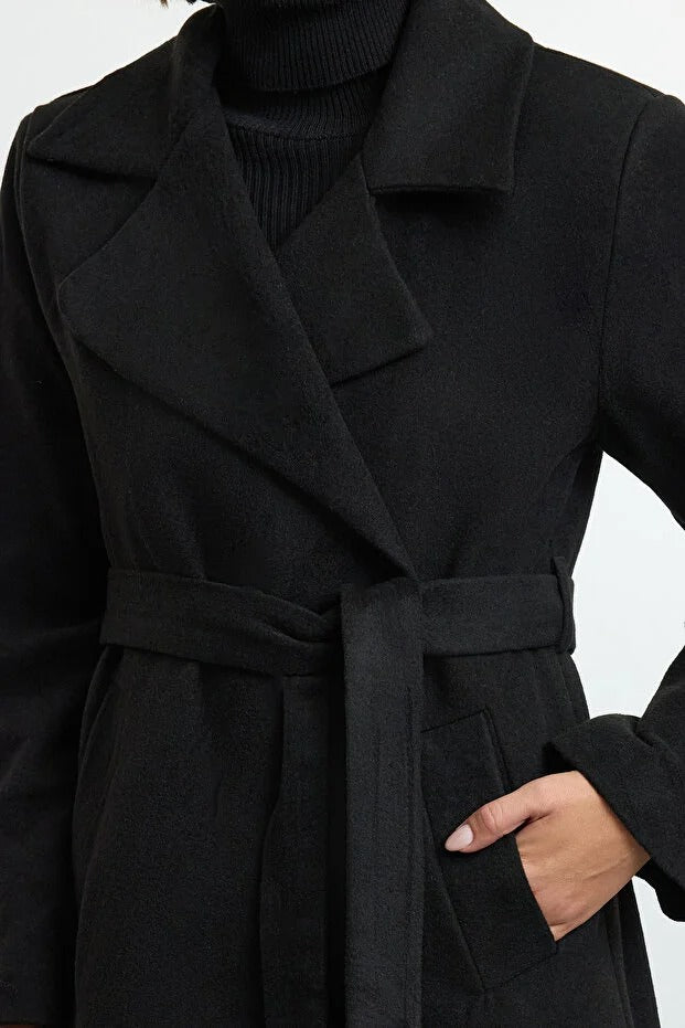 Black Belted Regular Fit Long Wool-Blend Coat