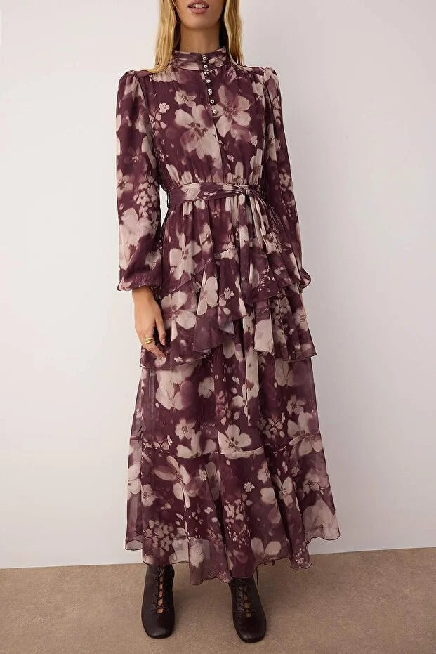 Mauve Floral Shiny Button-Detail Woven Chiffon Dress