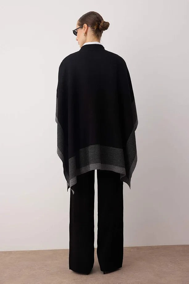 Black Color-Block Knit Poncho & Pants Two-Piece Set