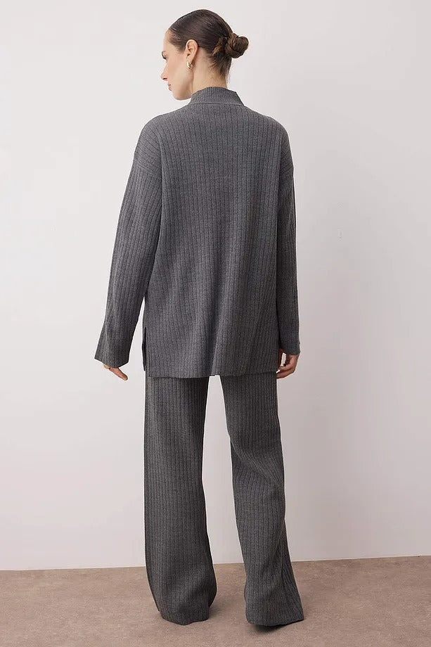 Anthracite Gold-Button Knit Top & Pants Two-Piece Set