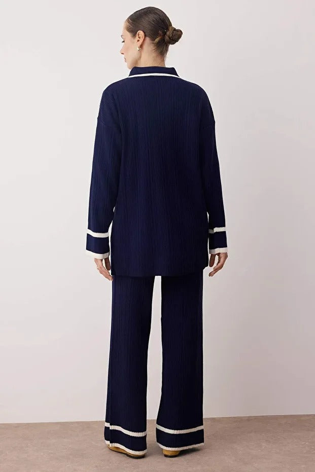 Navy Blue Piped Knit Sweater & Pants Set