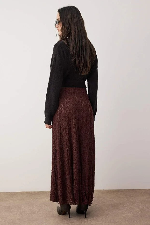 Brown Lined Lace Fabric Maxi Skirt