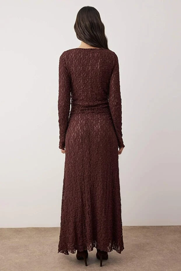 Brown Lined Lace Knit Evening Dress