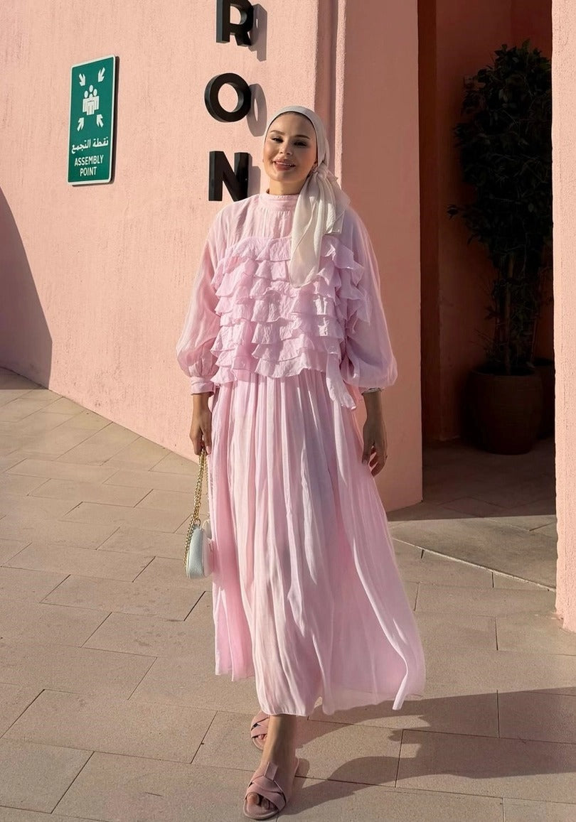 Tiered Ruffle Blouse & Pleated Maxi Skirt Co-ord Set - Pink