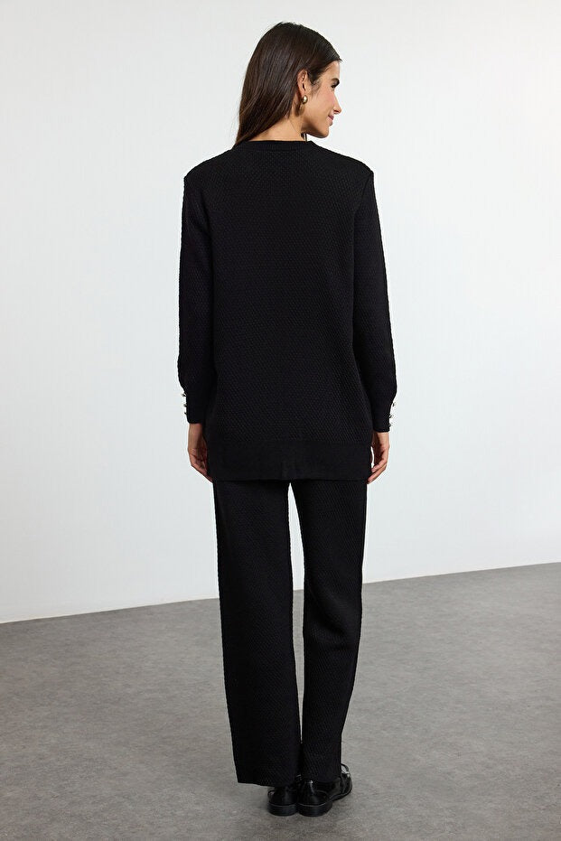 Black Pearl-Button Knit Two-Piece Set