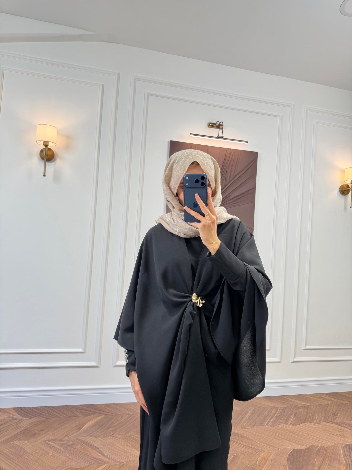 Black Cape-Sleeve Co-ord Set with Gold Brooch Detail