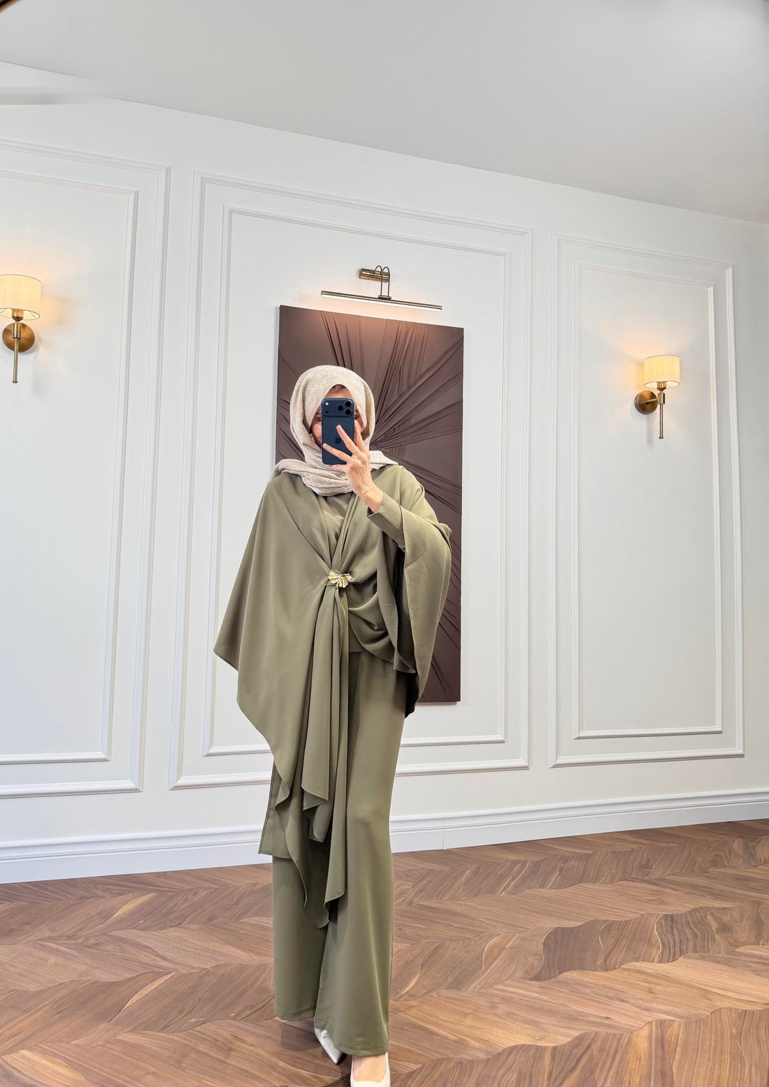 Sage Green Cape-Sleeve Co-ord Set with Gold Brooch Detail